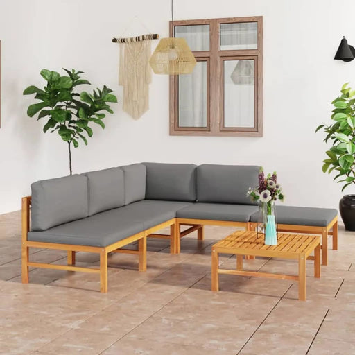 6 Piece Garden Lounge Set With Grey Cushions Solid Teak