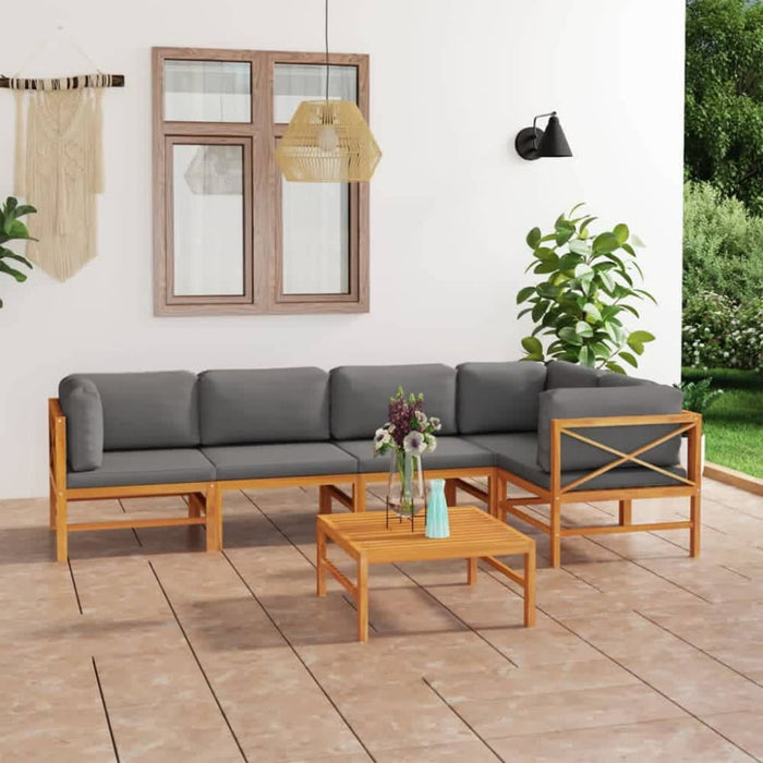 6 Piece Garden Lounge Set With Grey Cushions Solid Teak