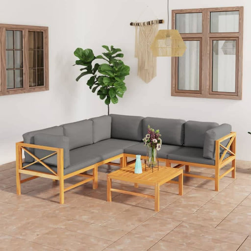 6 Piece Garden Lounge Set With Grey Cushions Solid Teak