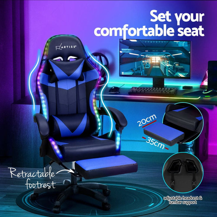 6 Point Massage Gaming Office Chair 7 Led Footrest Blue