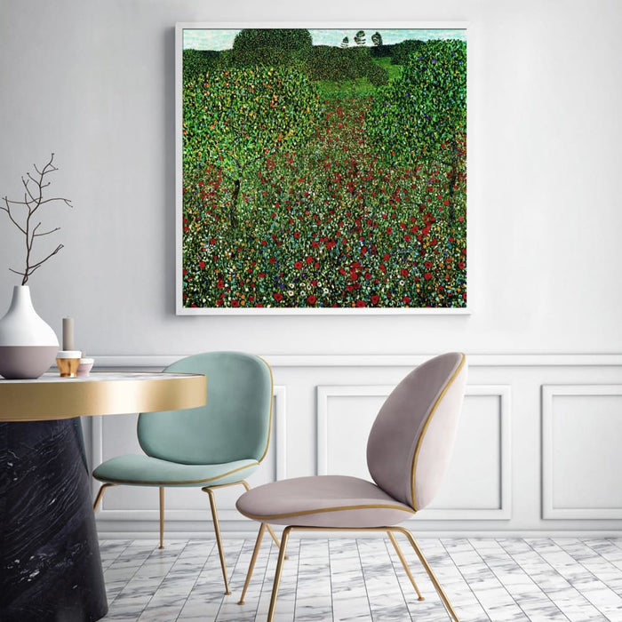 60cmx60cm Field Of Poppies By Gustav Klimt White Frame