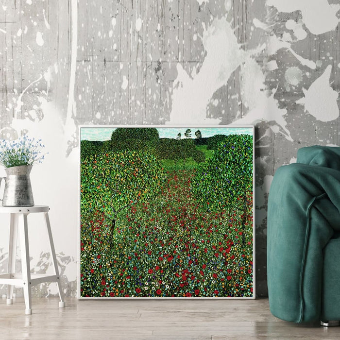 60cmx60cm Field Of Poppies By Gustav Klimt White Frame