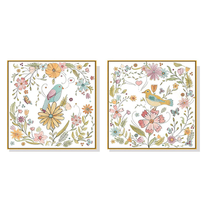 60cmx60cm Floral Birds 2 Sets Gold Frame Canvas Wall Art