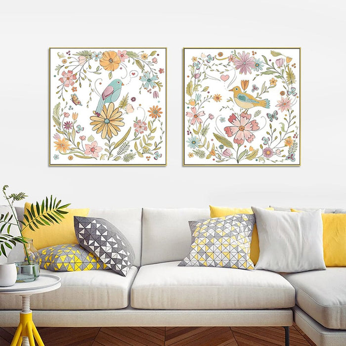 60cmx60cm Floral Birds 2 Sets Gold Frame Canvas Wall Art