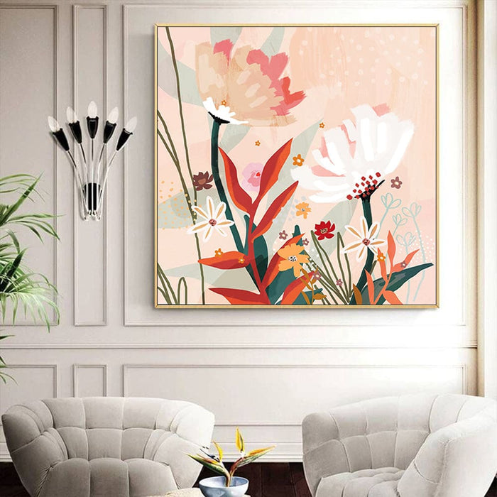 60cmx60cm Native Floral Gold Frame Canvas Wall Art