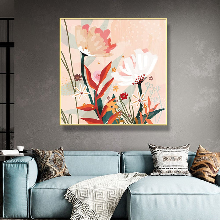 60cmx60cm Native Floral Gold Frame Canvas Wall Art