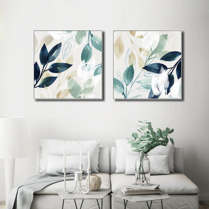 60cmx60cm Watercolour Style Leaves 2 Sets White Frame