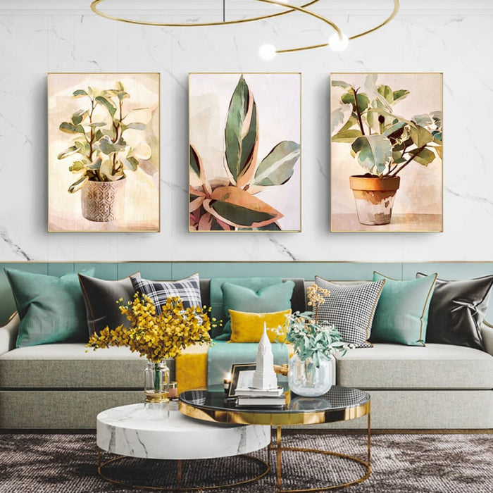 60cmx90cm Botanical Leaves Watercolor Style 3 Sets Gold