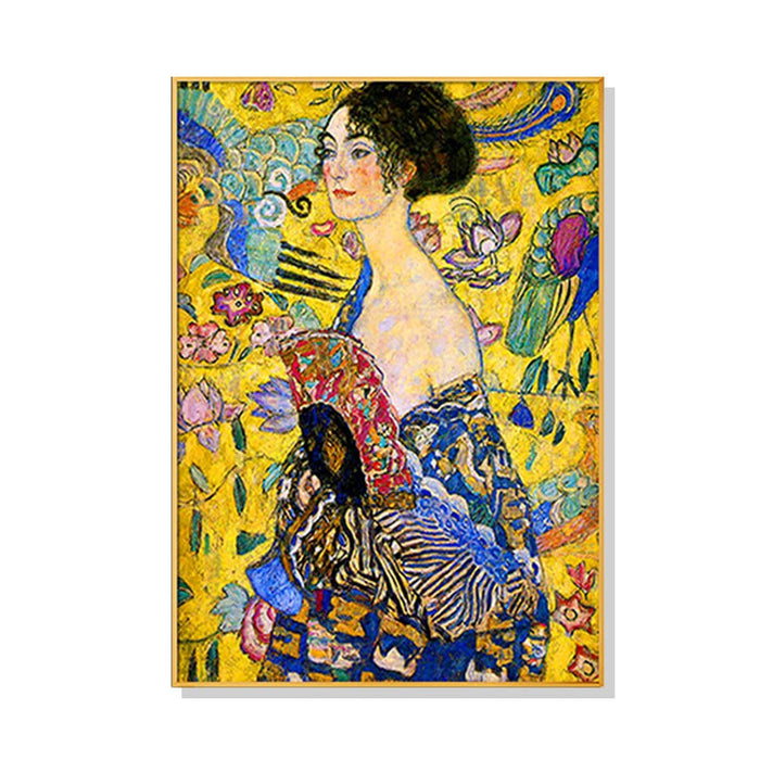 60cmx90cm Lady With a Fan By Klimt Gold Frame Canvas Wall