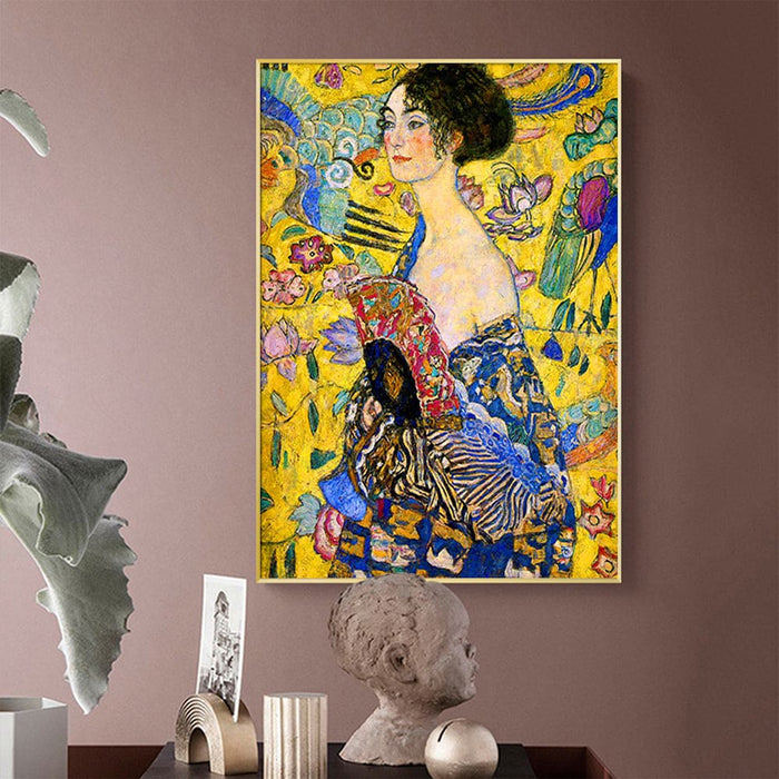 60cmx90cm Lady With a Fan By Klimt Gold Frame Canvas Wall