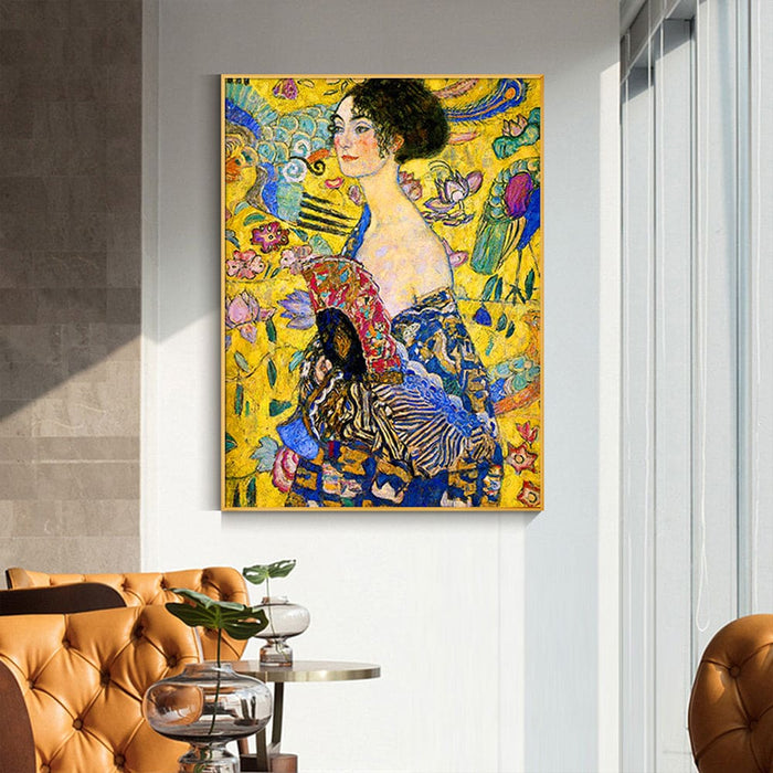 60cmx90cm Lady With a Fan By Klimt Gold Frame Canvas Wall