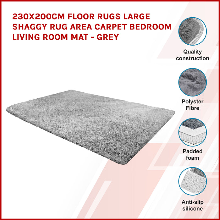 230x200cm Floor Rugs Large Shaggy Rug Area Carpet Bedroom Living Room Mat - Grey