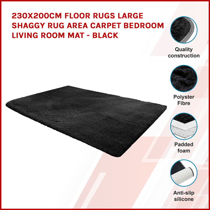 230x160cm Floor Rugs Large Shaggy Rug Area Carpet Bedroom Living Room Mat - Black