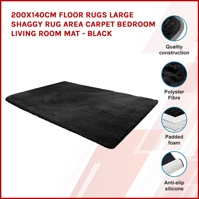 200x140cm Floor Rugs Large Shaggy Rug Area Carpet Bedroom Living Room Mat - Black