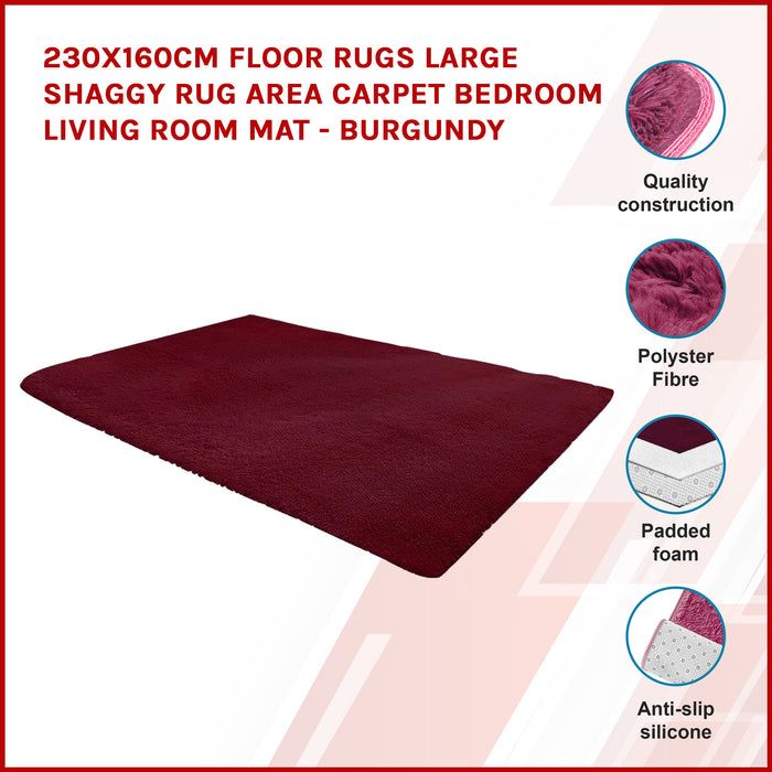 230x160cm Floor Rugs Large Shaggy Rug Area Carpet Bedroom Living Room Mat - Burgundy