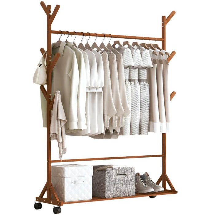 Portable Clothes Rack Coat Garment Stand Bamboo Rail Hanger Airer Closet