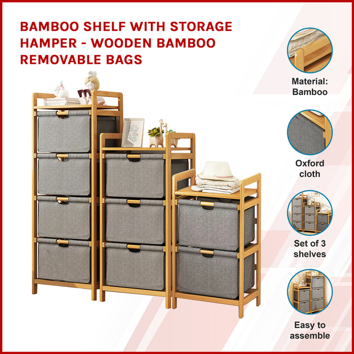 Bamboo Shelf with Storage Hamper - Wooden Bamboo Removable Bags