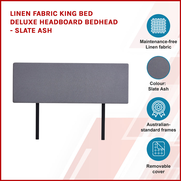 Linen Fabric King Bed Deluxe Headboard Bedhead - Slate Ash