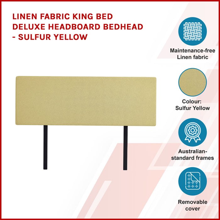 Linen Fabric King Bed Deluxe Headboard Bedhead - Sulfur Yellow