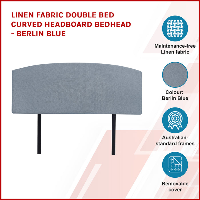 Linen Fabric Double Bed Curved Headboard Bedhead - Berlin Blue