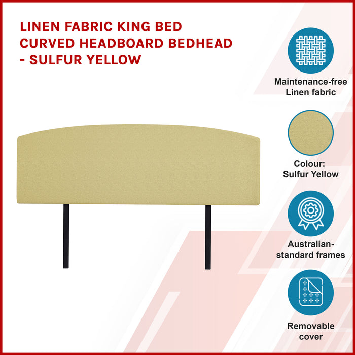 Linen Fabric King Bed Curved Headboard Bedhead - Sulfur Yellow