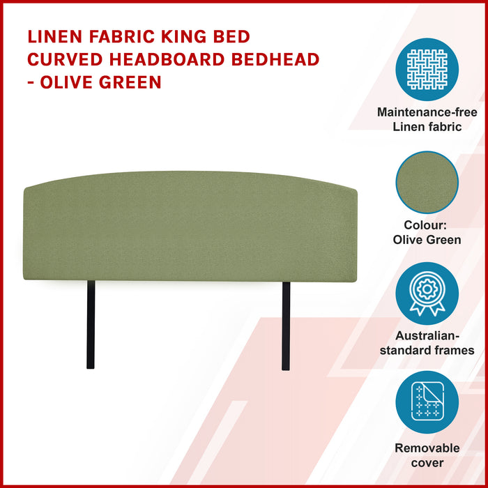 Linen Fabric King Bed Curved Headboard Bedhead - Olive Green