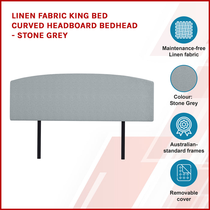 Linen Fabric King Bed Curved Headboard Bedhead - Stone Grey