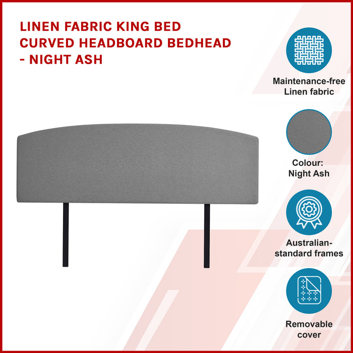 Linen Fabric King Bed Curved Headboard Bedhead - Night Ash