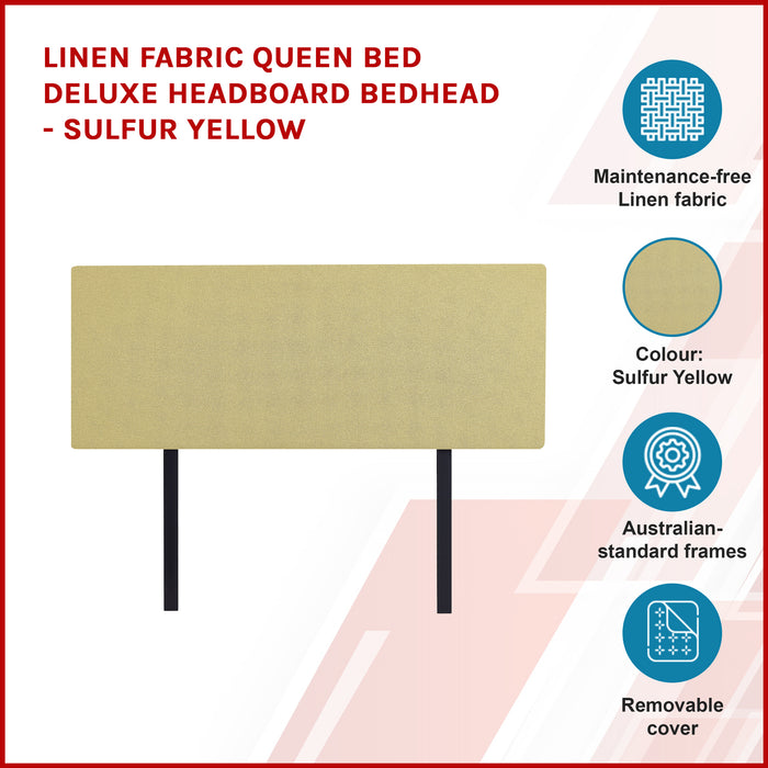 Linen Fabric Queen Bed Deluxe Headboard Bedhead - Sulfur Yellow