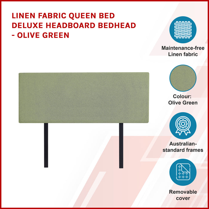 Linen Fabric Queen Bed Deluxe Headboard Bedhead - Olive Green