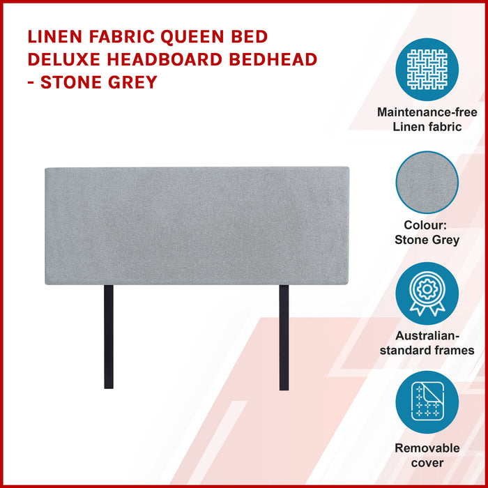 Linen Fabric Queen Bed Deluxe Headboard Bedhead - Stone Grey