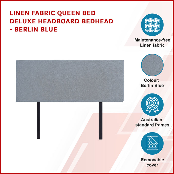 Linen Fabric Queen Bed Deluxe Headboard Bedhead - Berlin Blue