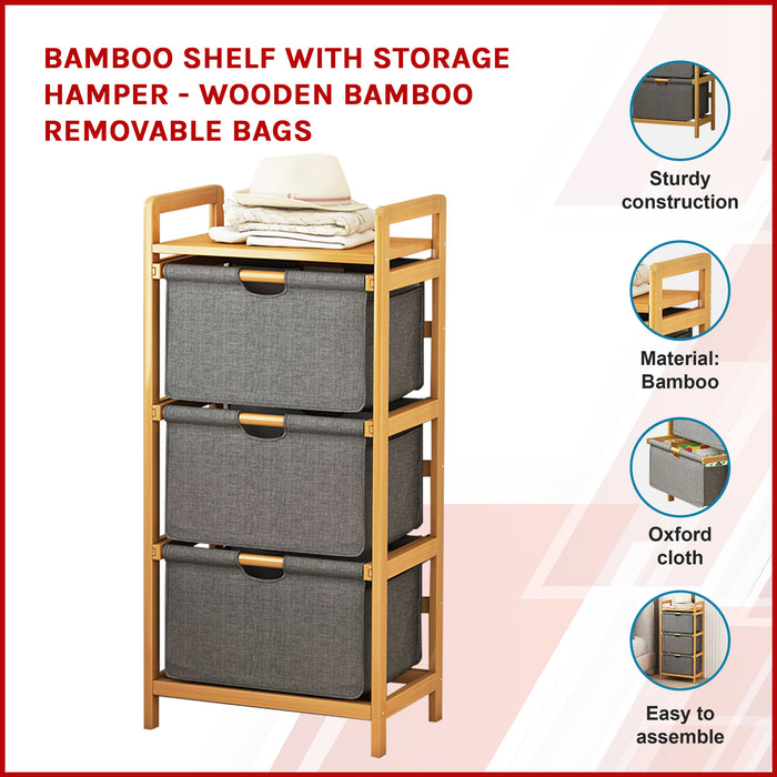 Bamboo Shelf with Storage Hamper - Wooden Bamboo Removable Bags