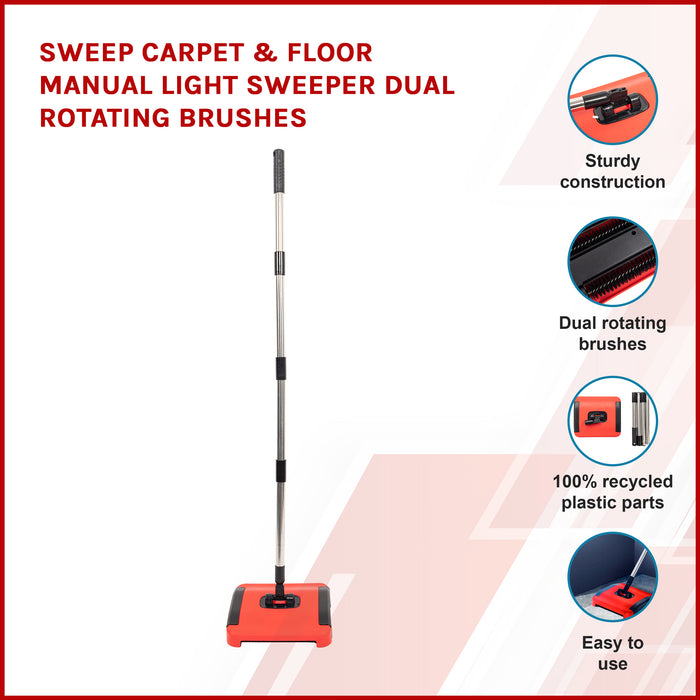 Sweep Carpet & Floor Manual Light Sweeper Dual Rotating Brushes