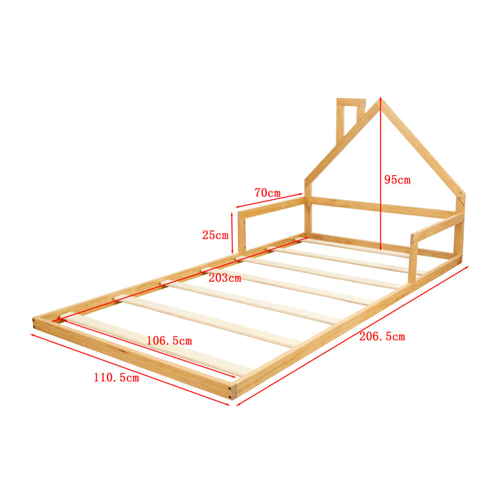 Pine Wood Floor Bed House Frame for Kids and Toddlers