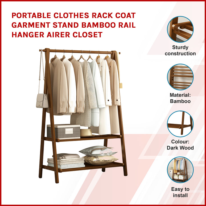 Portable Clothes Rack Coat Garment Stand Bamboo Rail Hanger Airer Closet