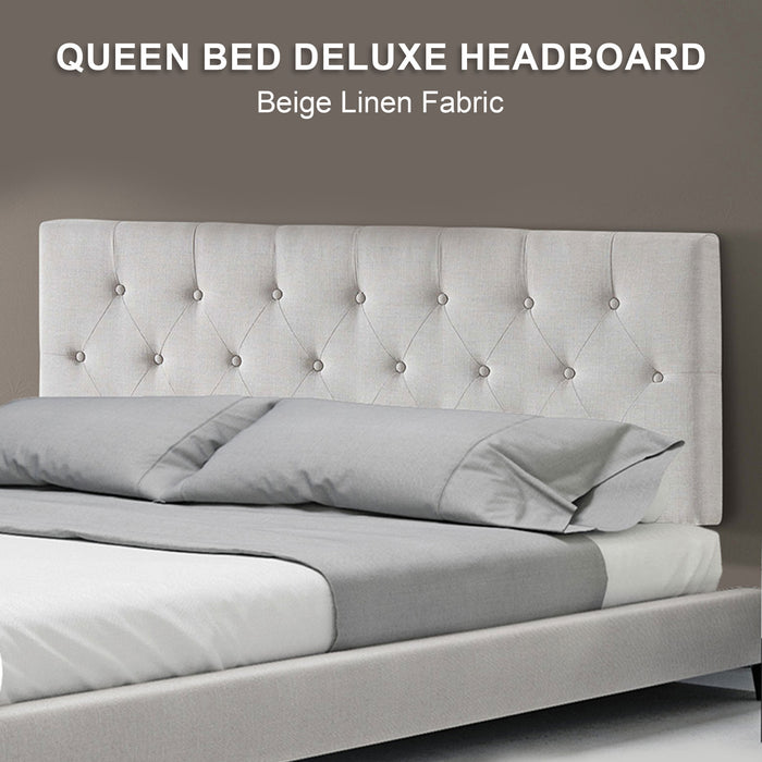 Linen Fabric Queen Bed Deluxe Headboard Bedhead - Beige