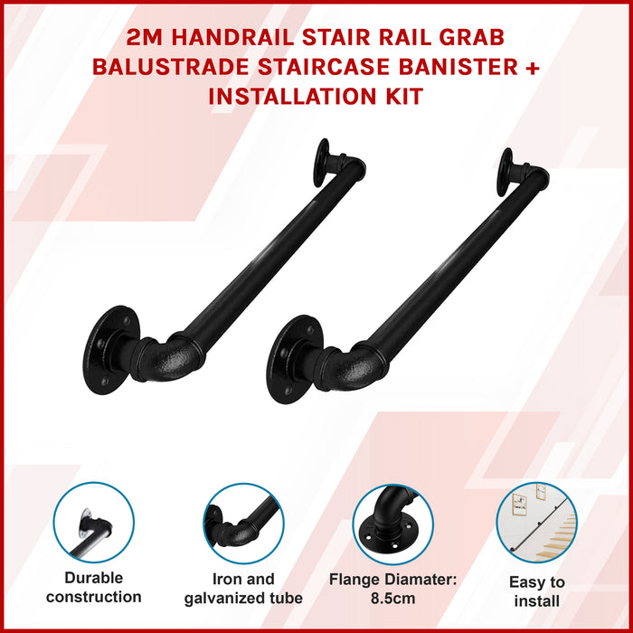 2m Handrail Stair Rail Grab Balustrade Staircase Banister + Installation Kit