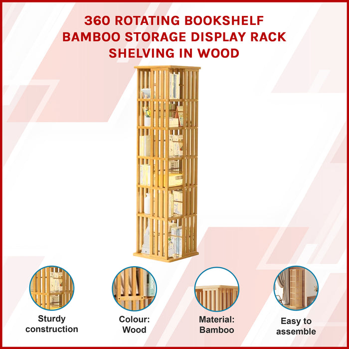 360 Rotating Bookshelf Bamboo Storage Display Rack Shelving in Wood