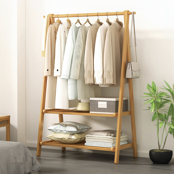 Portable Clothes Rack Coat Garment Stand Bamboo Rail Hanger Airer Closet