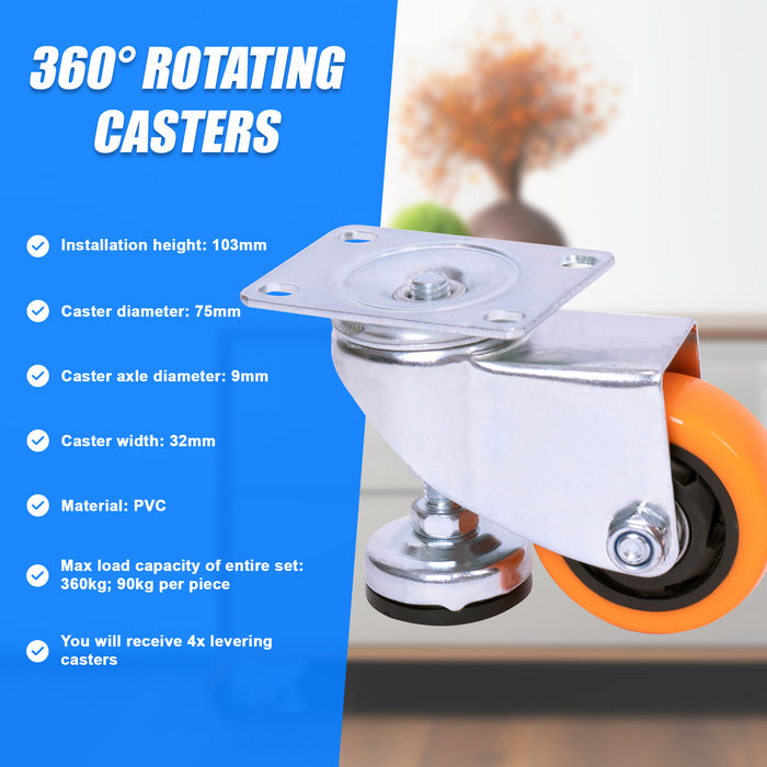 Leveling Casters Swivel Wheels Set of 4 360 kg Total Load Capacity