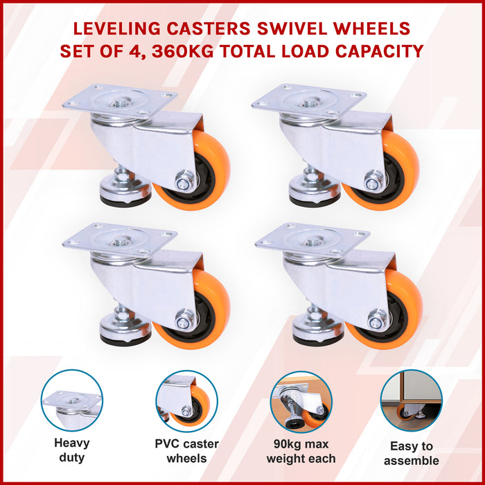 Leveling Casters Swivel Wheels Set of 4 360 kg Total Load Capacity