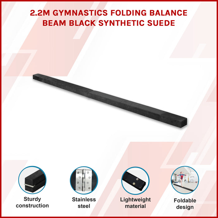 2.2m Gymnastics Folding Balance Beam Black Synthetic Suede