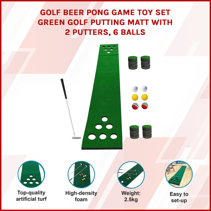 Golf Beer Pong Game Toy Set Green Golf Putting Matt with 2 Putters 6 Balls