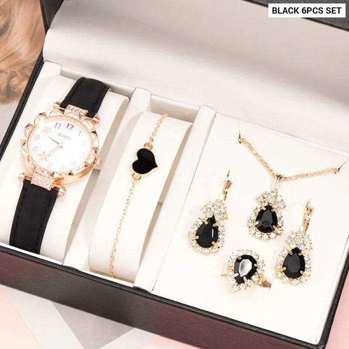 6pcs Set Fashion Women Jewelry Watches Ladies Dress Black