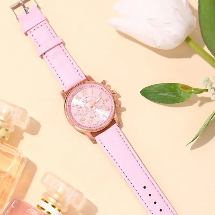 6pcs Set Fashion Women Watches Simple Ladies Business Pink