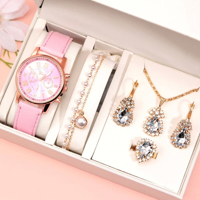 6pcs Set Fashion Women Watches Simple Ladies Business Pink