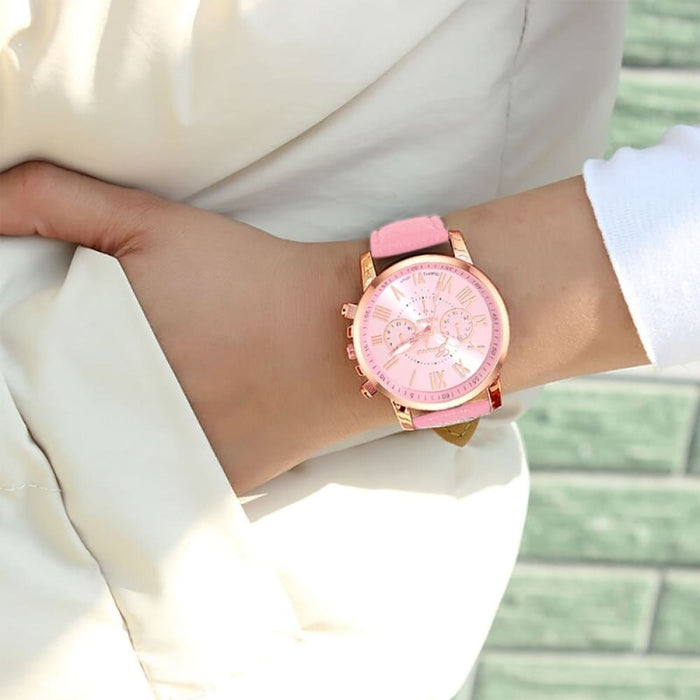 6pcs Set Fashion Women Watches Simple Ladies Business Pink