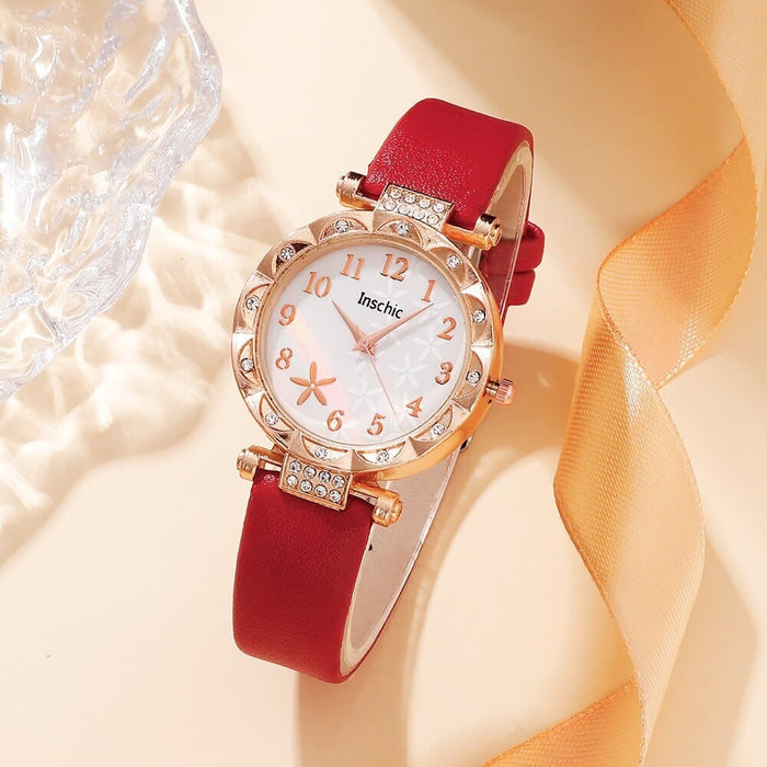 6pcs Set Red Luxury Quartz Watch Women Ring Necklace