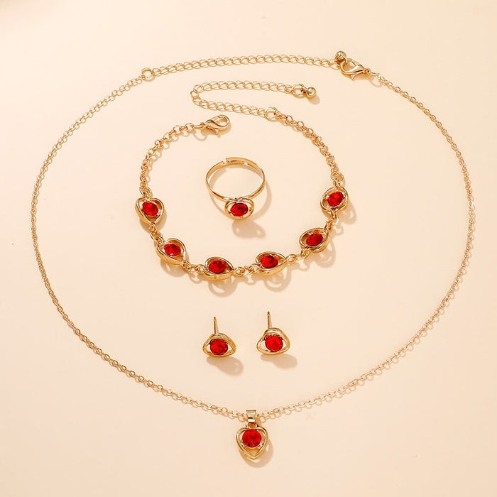 6pcs Set Red Luxury Quartz Watch Women Ring Necklace